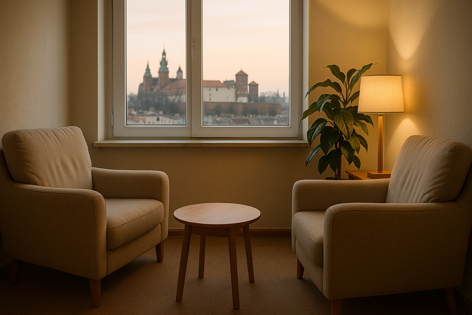 Przytulny gabinet psychoterapeutyczny w Krakowie z dwoma fotelami i delikatnym oświetleniem