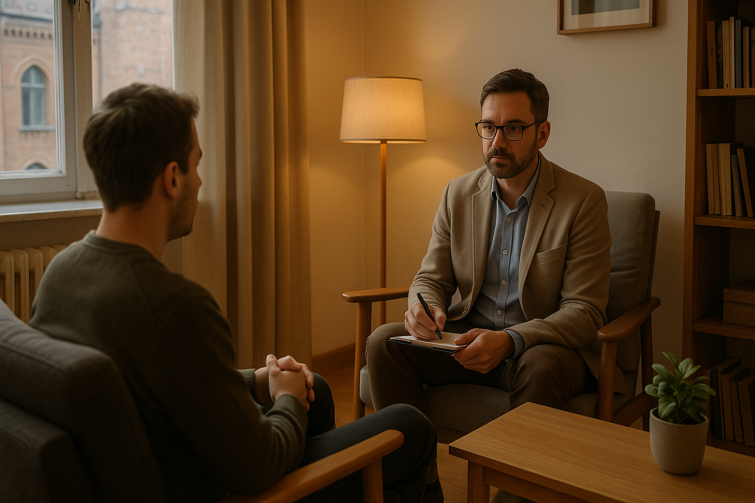 Psychoterapeuta prowadzący konsultację w krakowskim gabinecie