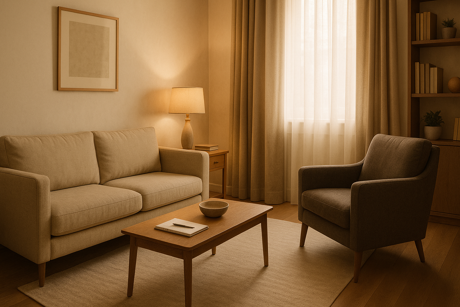 Przytulny i spokojny gabinet psychologiczny przygotowany do terapii indywidualnej