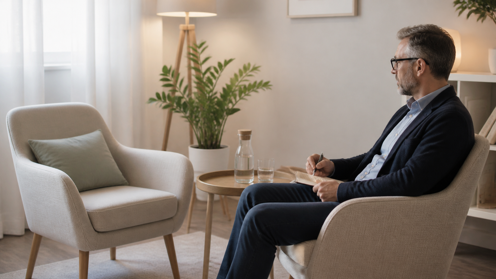 Gabinet psychoterapeutyczny symbolizujący etykę w psychoterapii, superwizję i bezpieczeństwo pacjenta